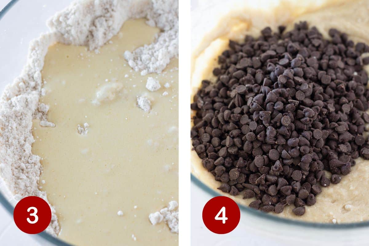 Steps 3 and 4 of making pancake mix muffins. 3, combine the wet and dry ingredients. 4, stir ingredients and add mini chocolate chips.
