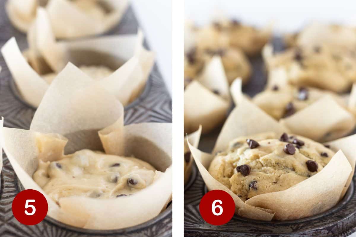 Steps 5 and 6 of making muffins with pancake mix. 5, use a large cookie scoop to fill muffins cups. 6, bake muffins.