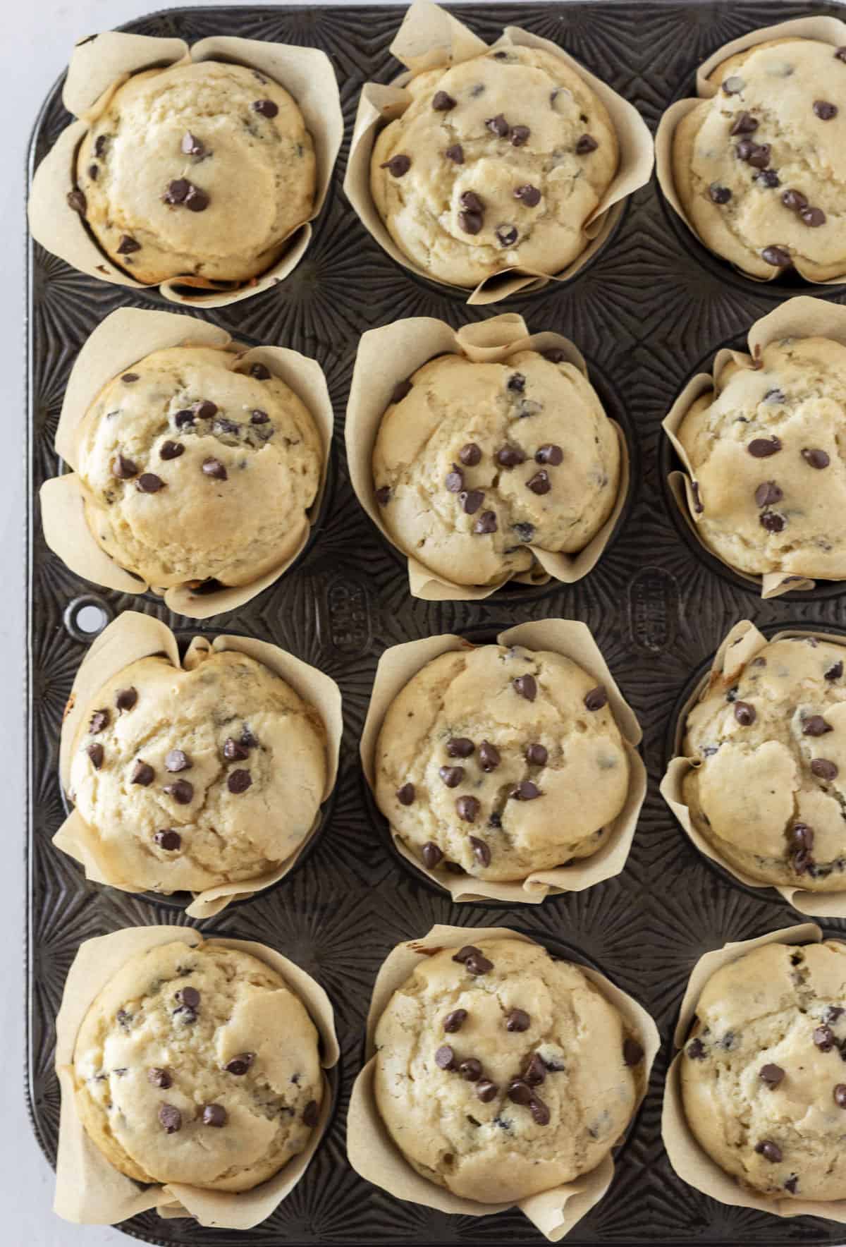 Looking down on a dozen pancake mix muffins in a muffin tin.