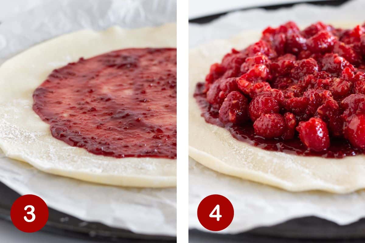 Steps 3 and 4 of making a raspberry galette. 3, spread jam on the bottom of crust. 4, top with fresh fruit mixture.