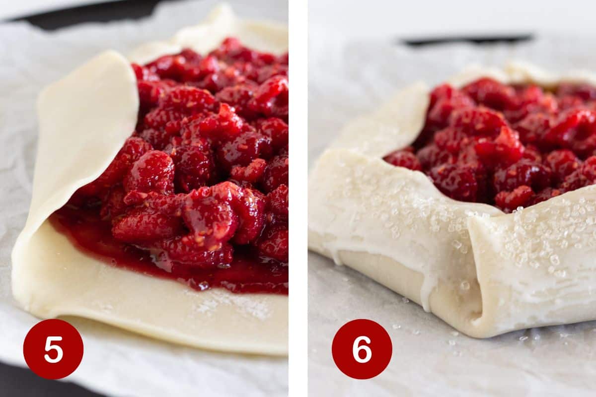 Steps 5 and 6 of making a galette with raspberries. 5, fold the edges around the filling. 6, top the edge with heavy cream and sugar.