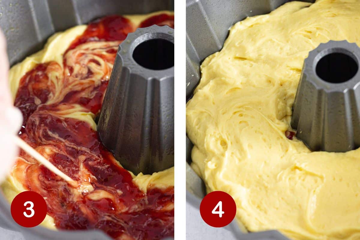 Steps 3 and 4 of making a strawberry lemonade cake. 3, adding half batter and jam. 4, topping with remaining batter.