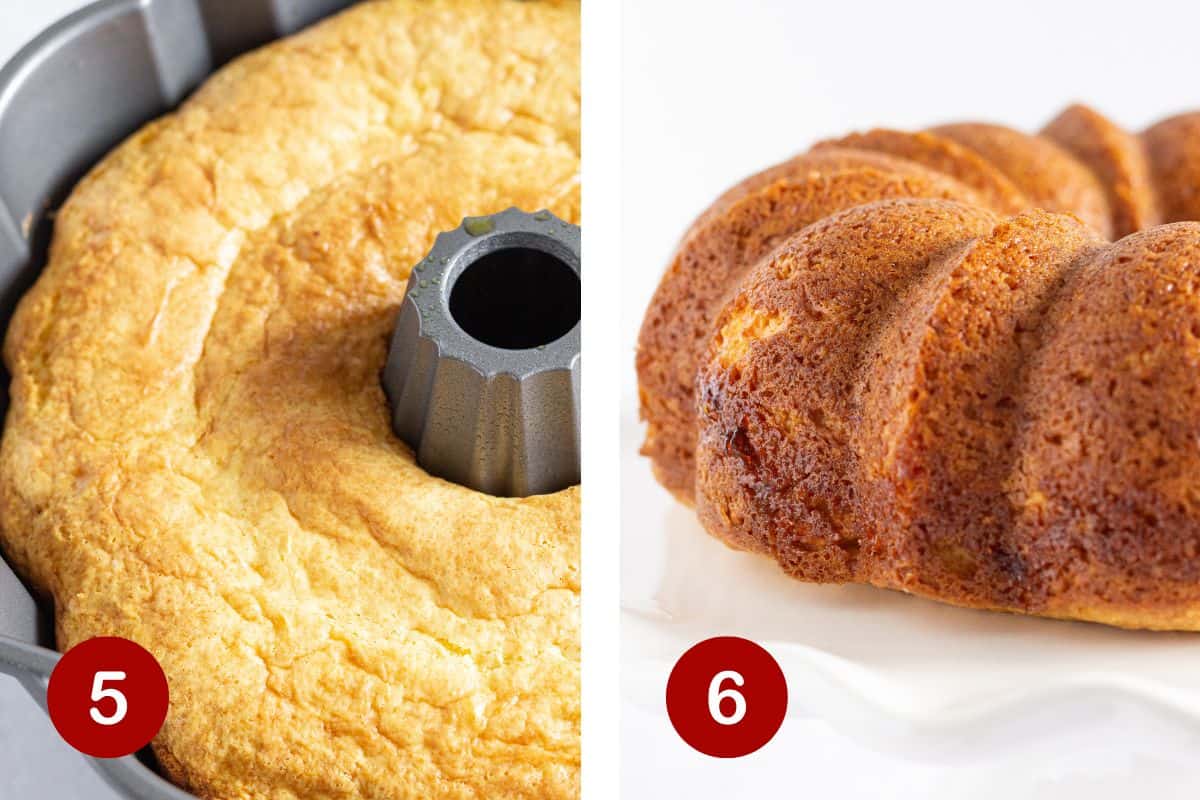 Steps 5 and 6 of making a strawberry lemonade bundt cake. 5, baking the cake. 6, allowing the cake to cool.