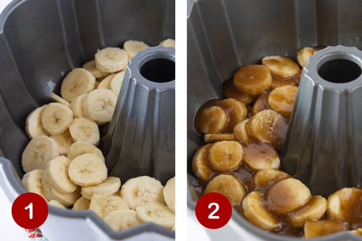 Steps 1 and 2 of making a banana upside down cake. 1, add sliced bananas to the pan. 2, top with brown sugar mixture.