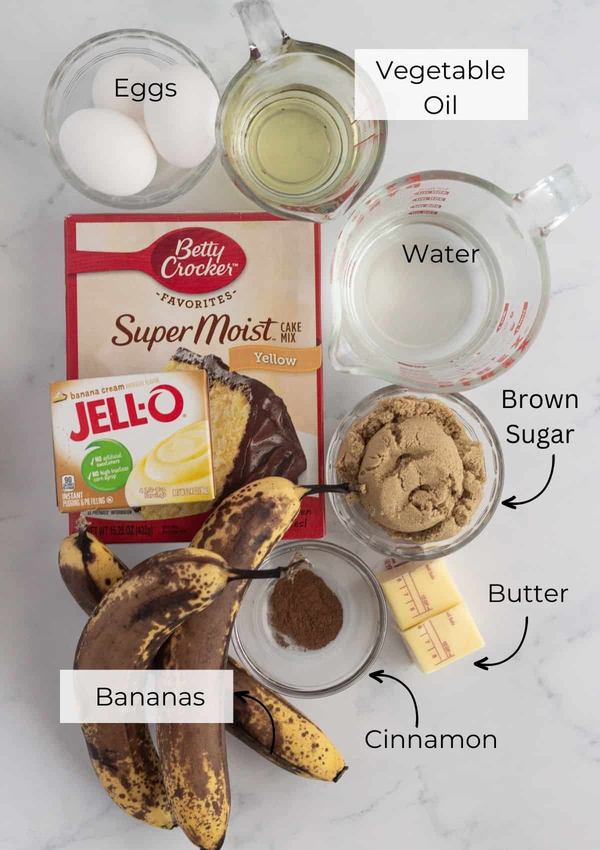 The ingredients needed for this Banana Upside Down Cake.
