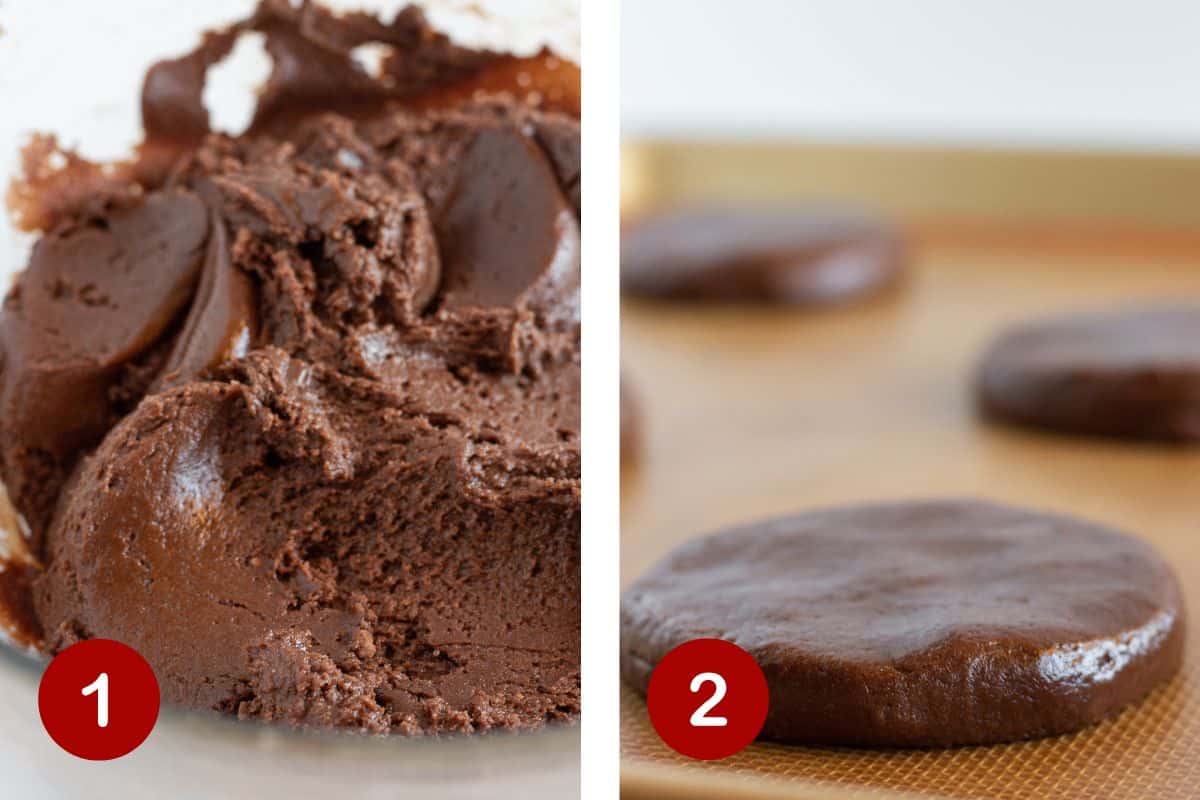 Steps 1 & 2 of making Cosmic Brownie Cookies. 1, making the dough. 2, forming the cookies.