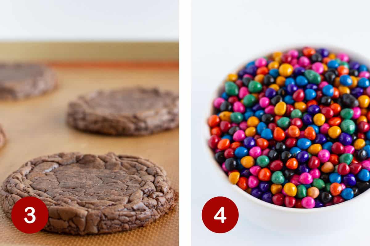 Steps 3 & 4 of making Cosmic Brownie Cookies. 3, baking the cookies. 4, gathering the sprinkles.