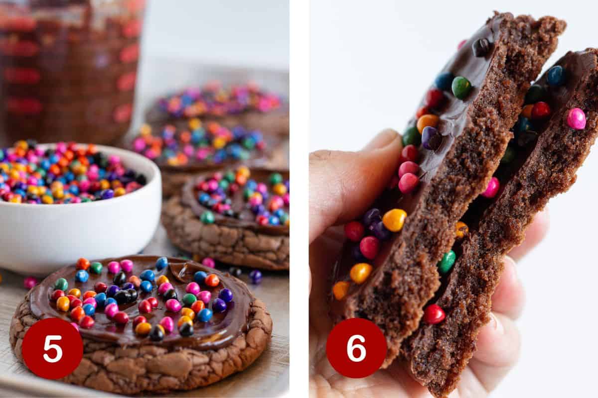 Steps 5 & 6 of making Cosmic Brownie Cookies. 5, frost the cookies. 6, a cookie broke in half showing the fudgy middle.