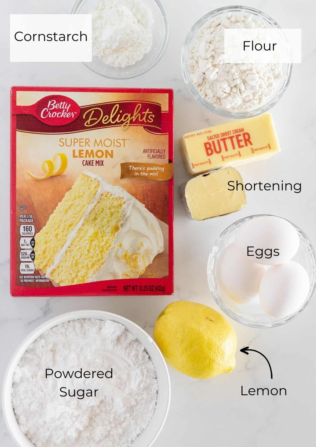 The ingredients needed to make lemon cooler cookies with a cake mix.