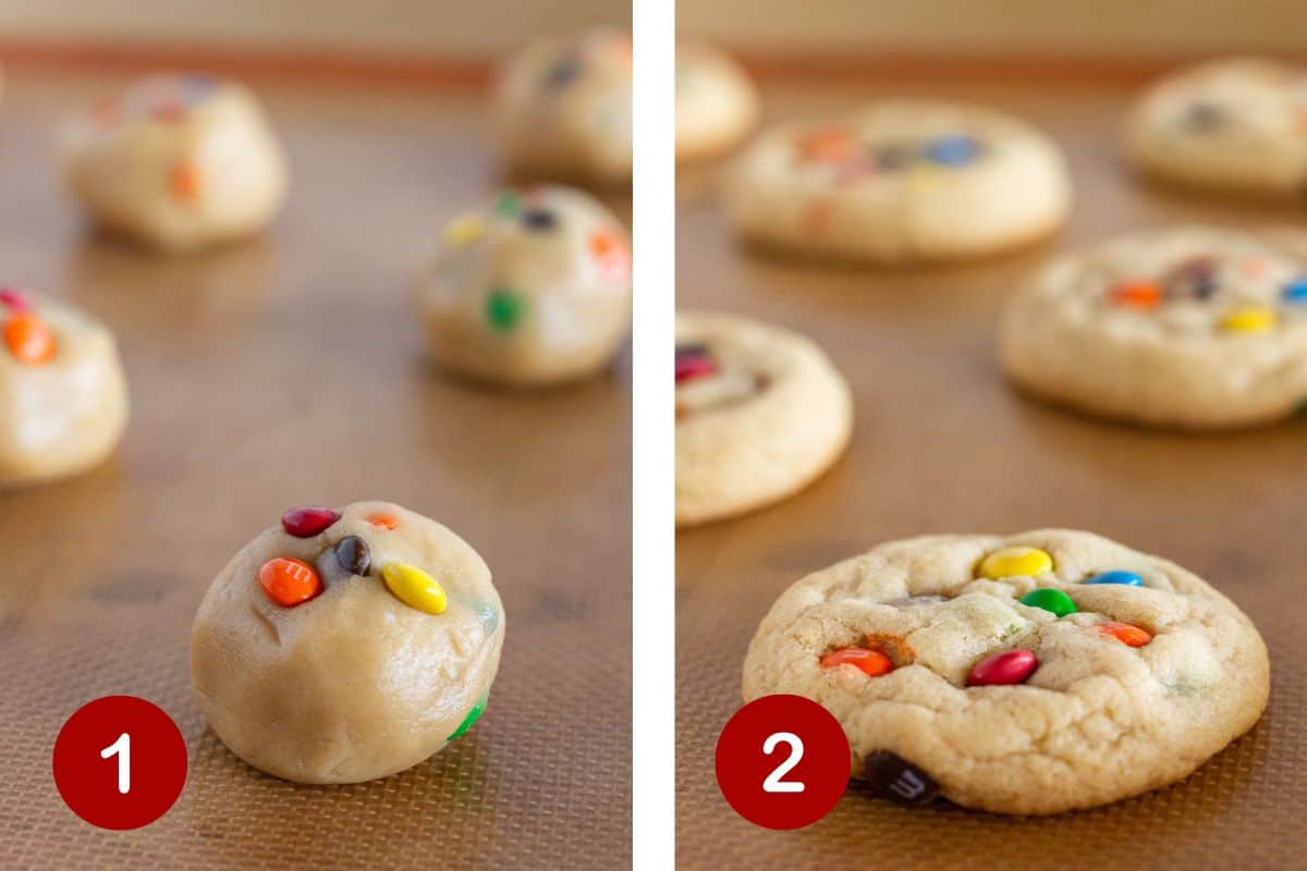 Steps 1 and 2 of making m&m ice cream sandwich cookies.  1, rolling the dough. 2, baking the cookies.
