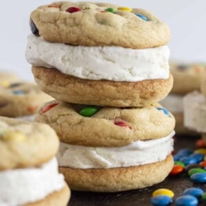 M&M Ice Cream Sandwich cookies, stacked on a tray.