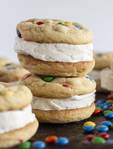 M&M Ice Cream Sandwich cookies, stacked on a tray.