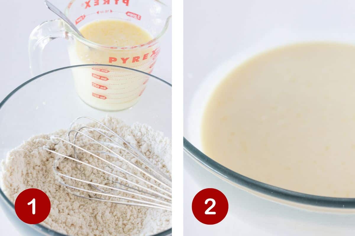Steps 1 and 2 of making pancake mix crepes. 1, whisk dry and wet ingredients. 2, combine the ingredients.