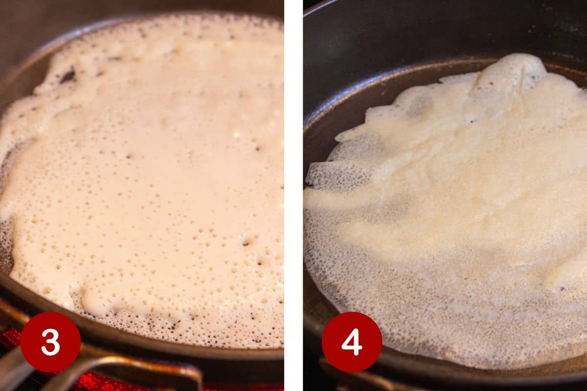 Steps 3 and 4 of making pancake mix crepes. 3, adding the batter to pan. 4, cooking and flipping.