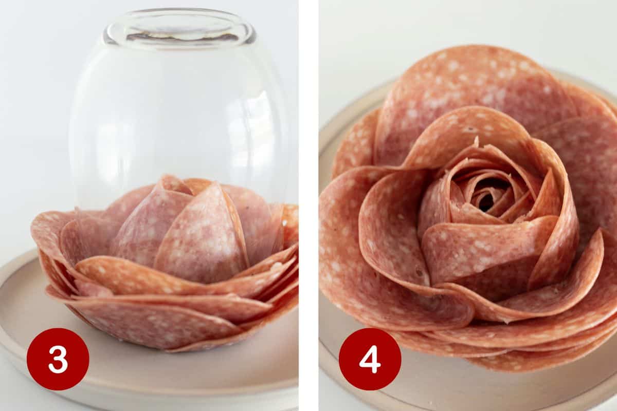 Steps 3 and 4 of making salami roses with a glass. Turning over the glass and removing it.
