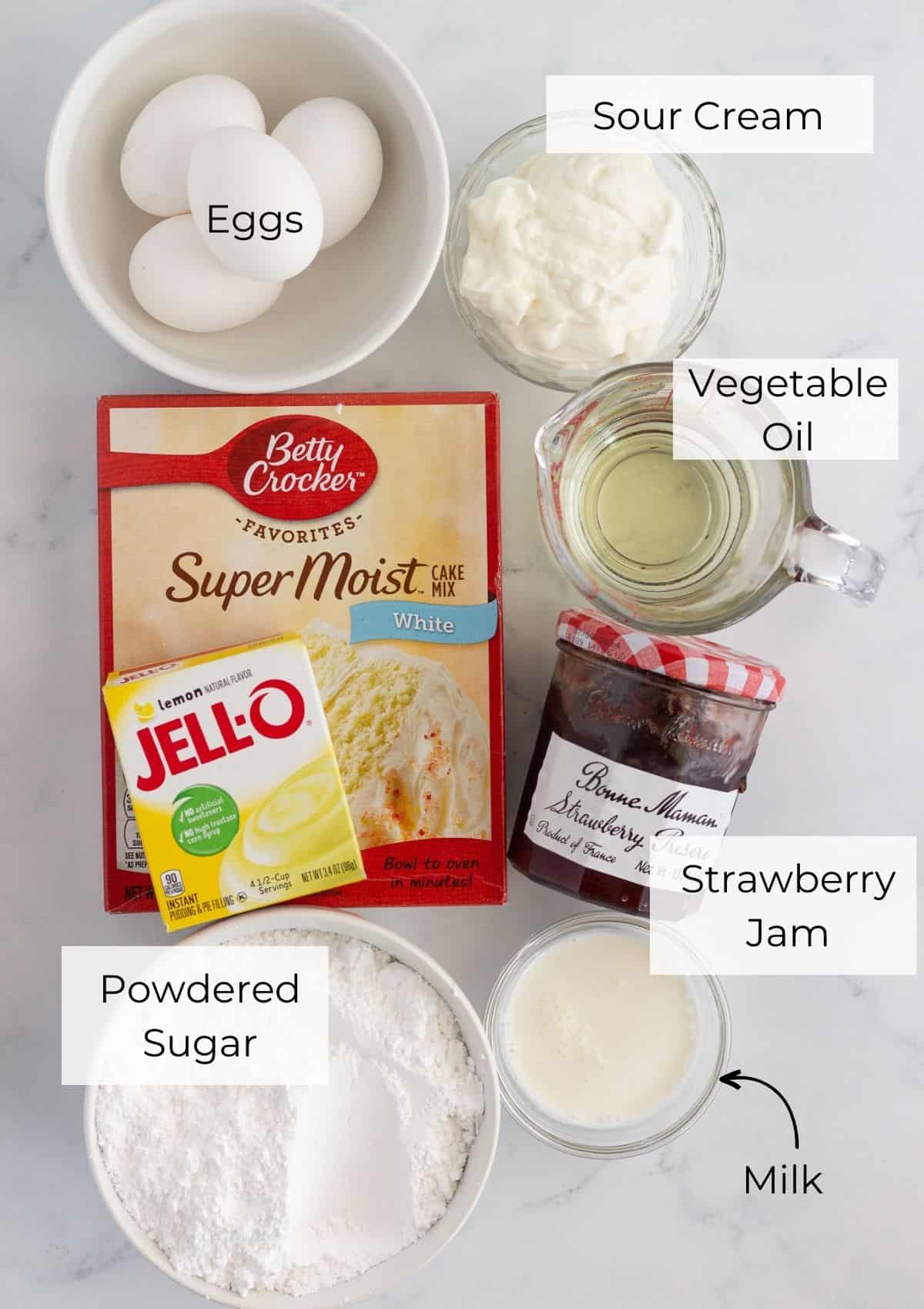 The ingredients needed to make a strawberry lemonade bundt cake.