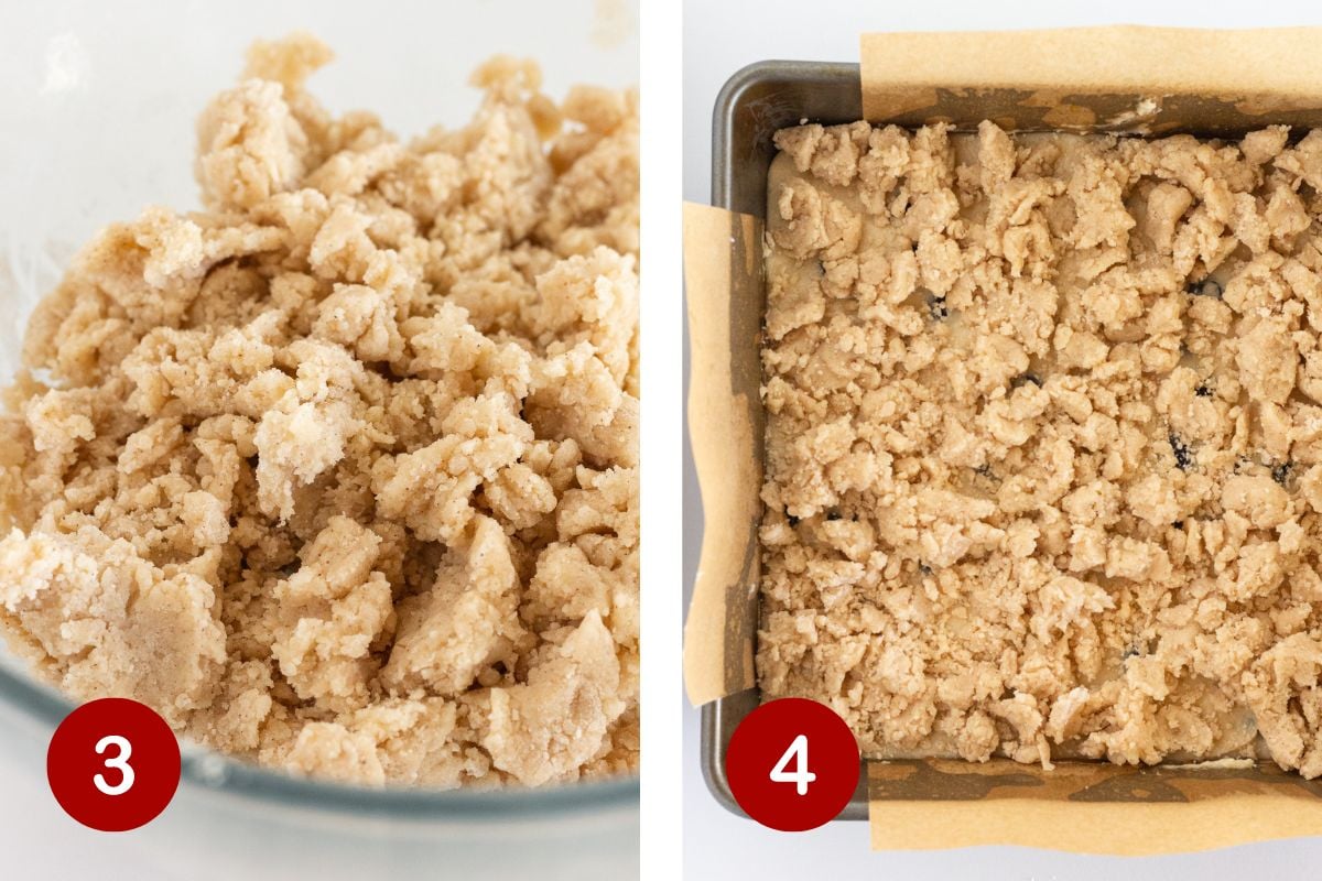 Steps 3 and 4 for making a blueberry cake. 3, make streusel. 4, top the cake batter with crumb mixture.
