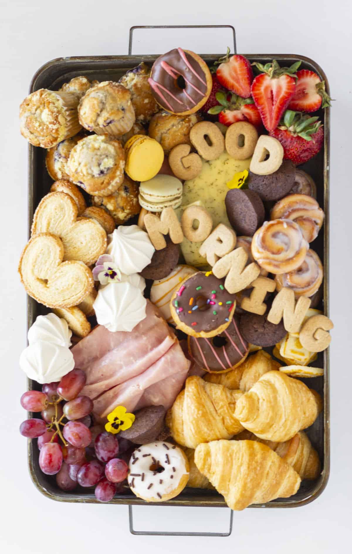 Looking down on a completed breakfast charcuterie board.