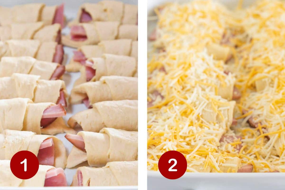 Steps 1 and 2 of making ham breakfast casserole. 1, wrap ham in crescent rolls. 2, top rolls with shredded cheese.