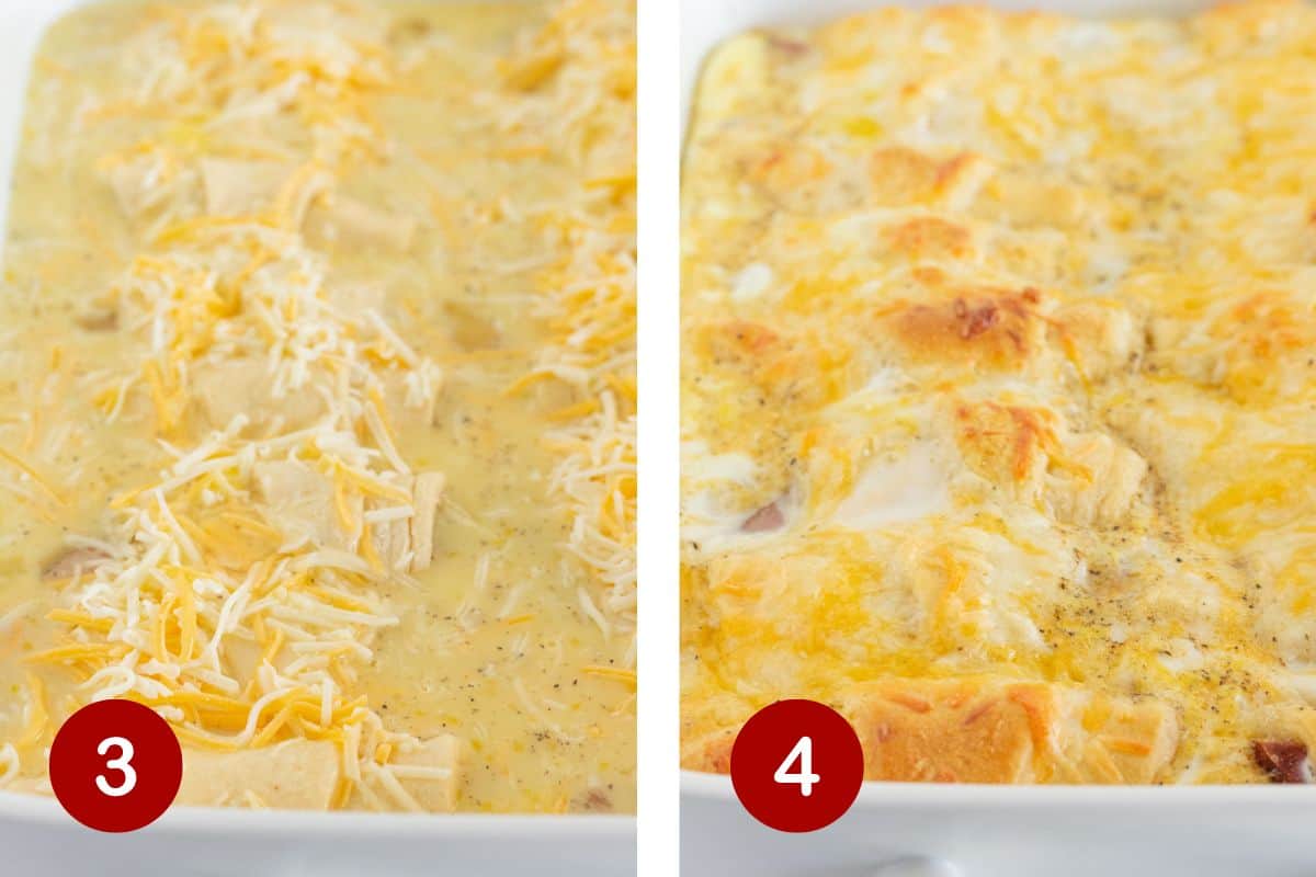 Steps 3 and 4 of making ham breakfast casserole. 3, cover with egg mixture. 4, bake.