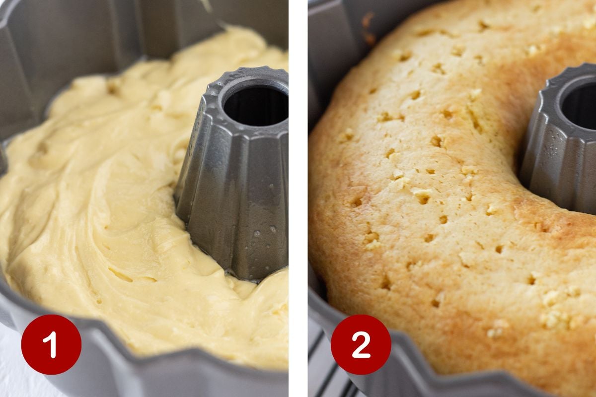 Steps 1 and 2 of making a Kentucky Butter Cake.  1, make the cake batter and pour into prepared bundt pan. 2, bake and poke holes in the cake while warm.