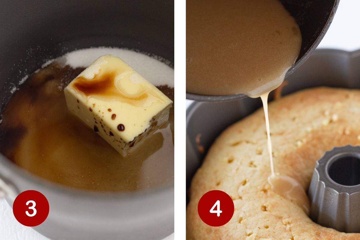 Steps 3 and 4 of making Kentucky Butter Cake. 3, make the glaze over the stove.  4, pour the glaze over the top of the cake and allow cake to cool in the pan.