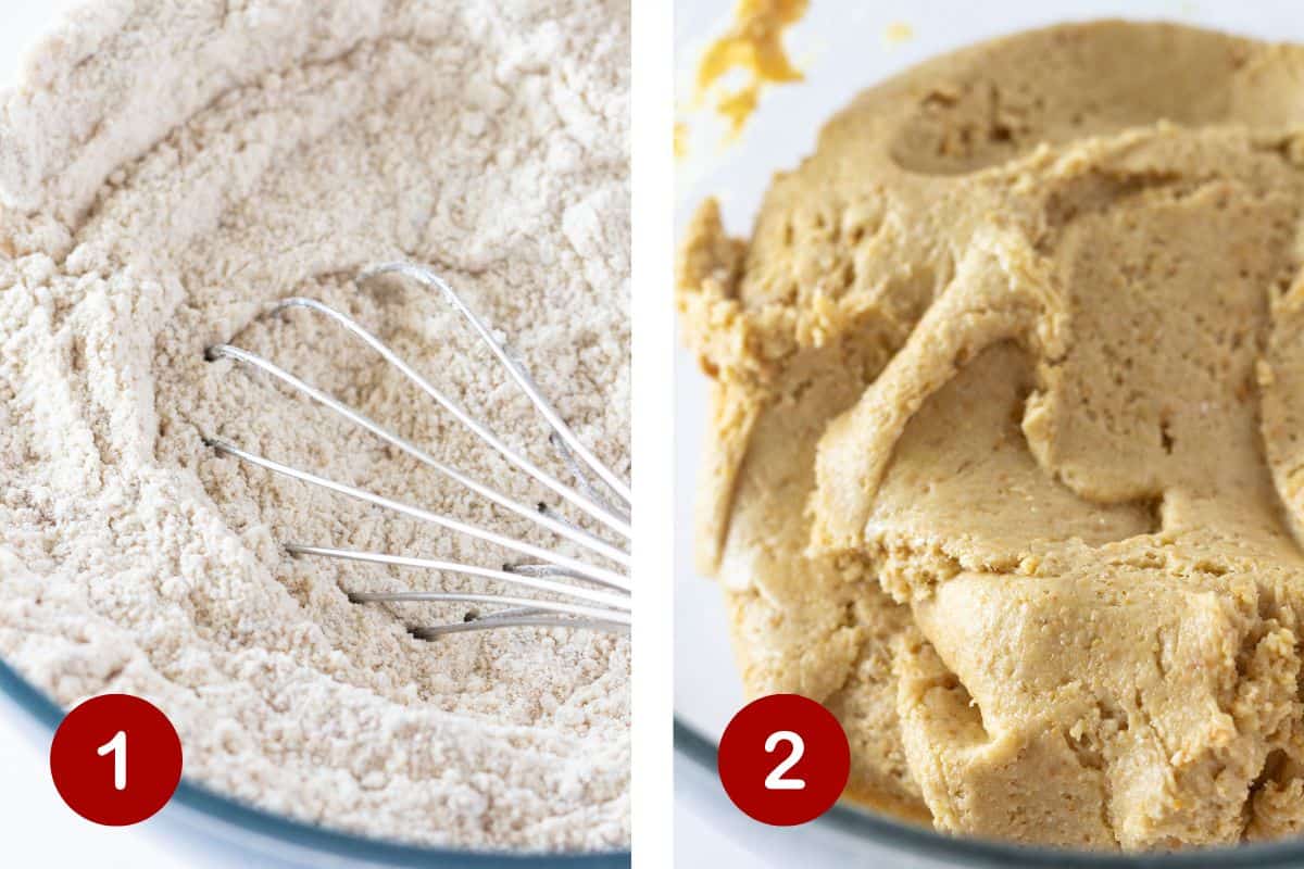 Steps 1 and 2 of making key lime cookies. 1, combine dry ingredients and whisk. 2, add remaining ingredients and mix.