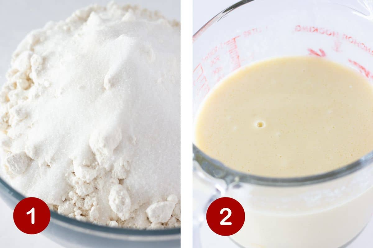 Steps 1 and 2 of making sheet pan pancakes.  1, combine pancake mix and sugar. 2, combine wet ingredients.