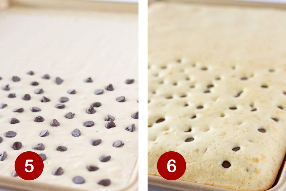 Steps 5 and 6 of making sheet pan pancakes. 5, top half of batter with chocolate chips {if desired}. 6, bake in a 425 degree oven for 14-16 minutes.