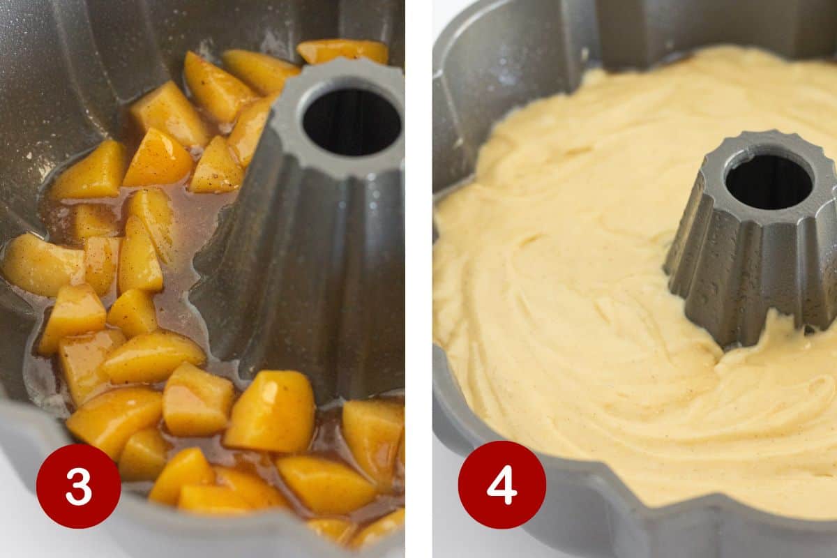 Steps 3 and 4 of making peach cobbler cake. 3, add peach mixture to pan. 4, top with cake batter.