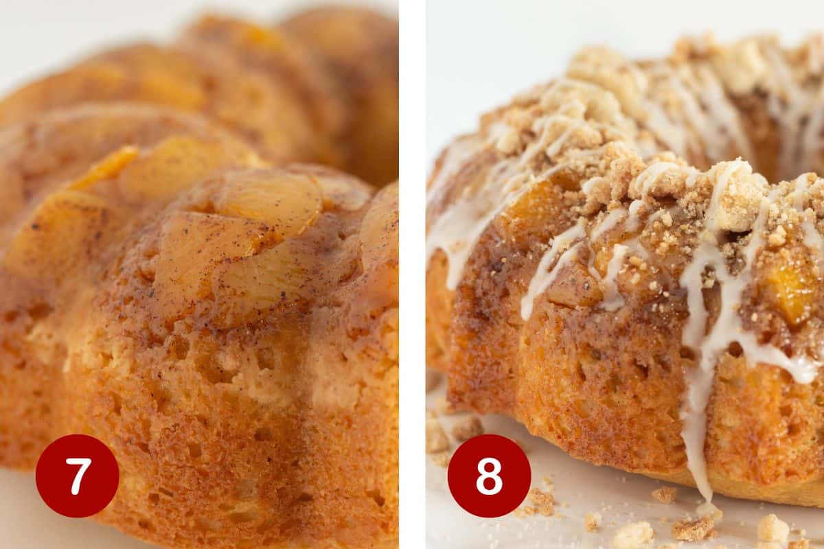 Steps 7 & 8 of making peach cobbler cake. 7, turning cooled cake from pan. 8, assembling the cake with crumb topping and glaze.