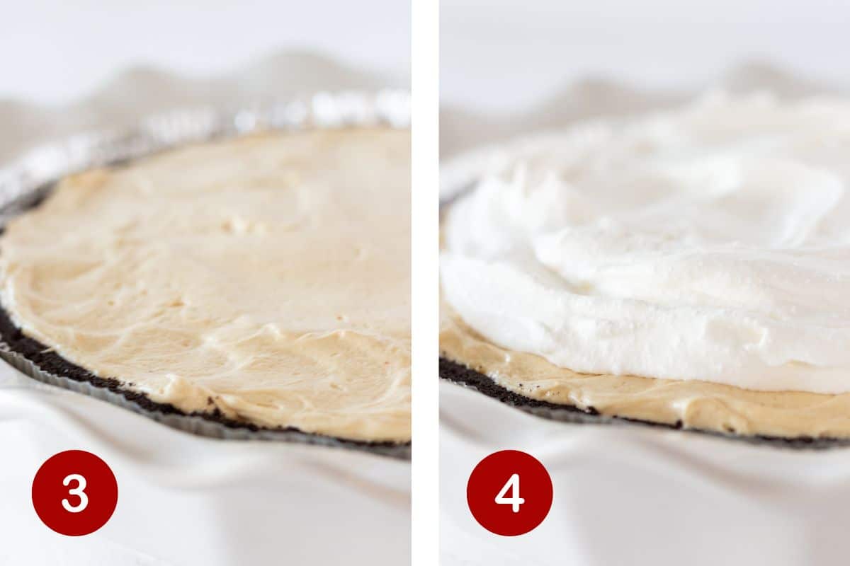 Steps 3 and 4 of making a peanut butter pie. 3, add the filling to the crust. 4, top with whipped cream.