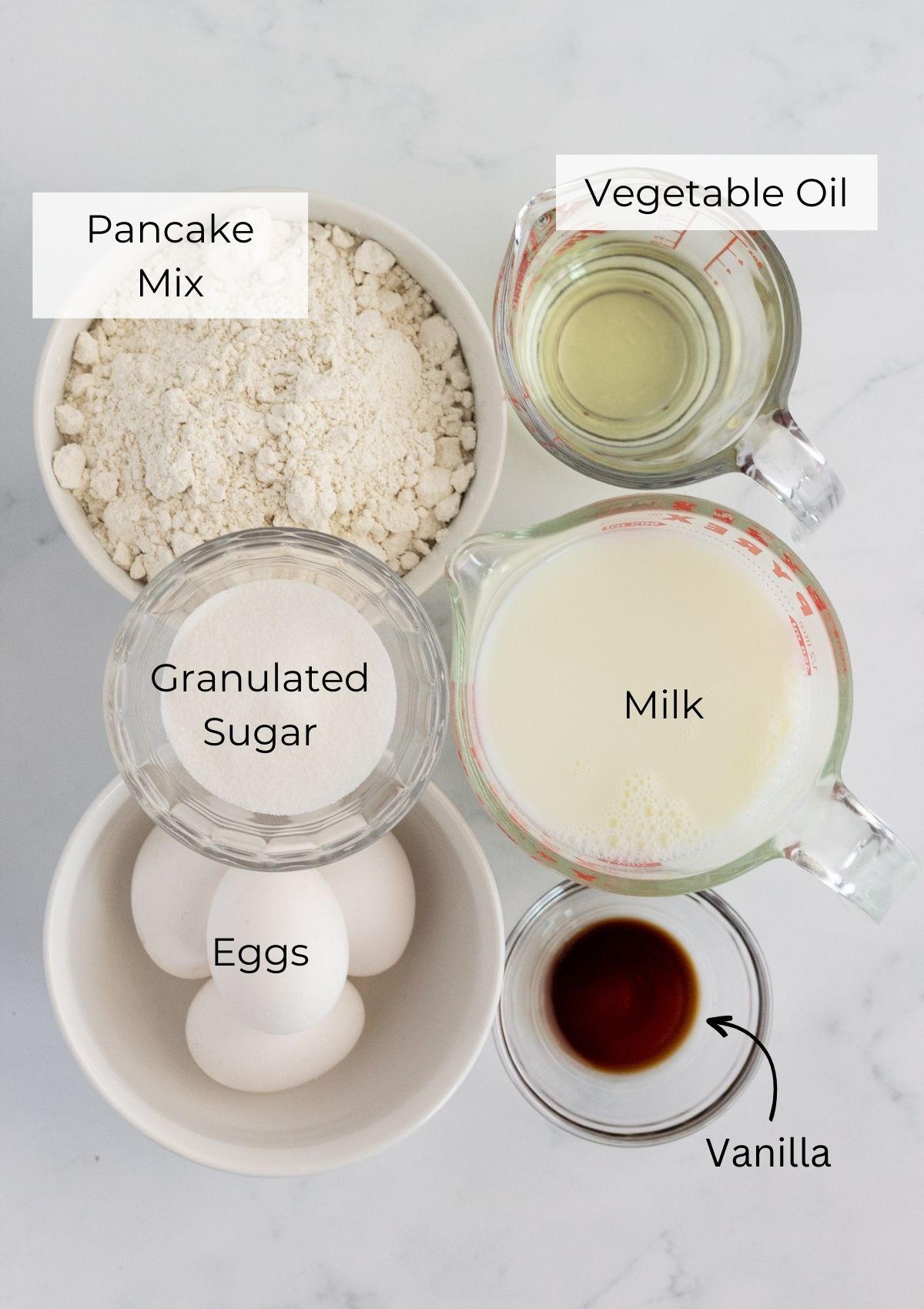 The ingredients needed to make sheet pan pancakes.