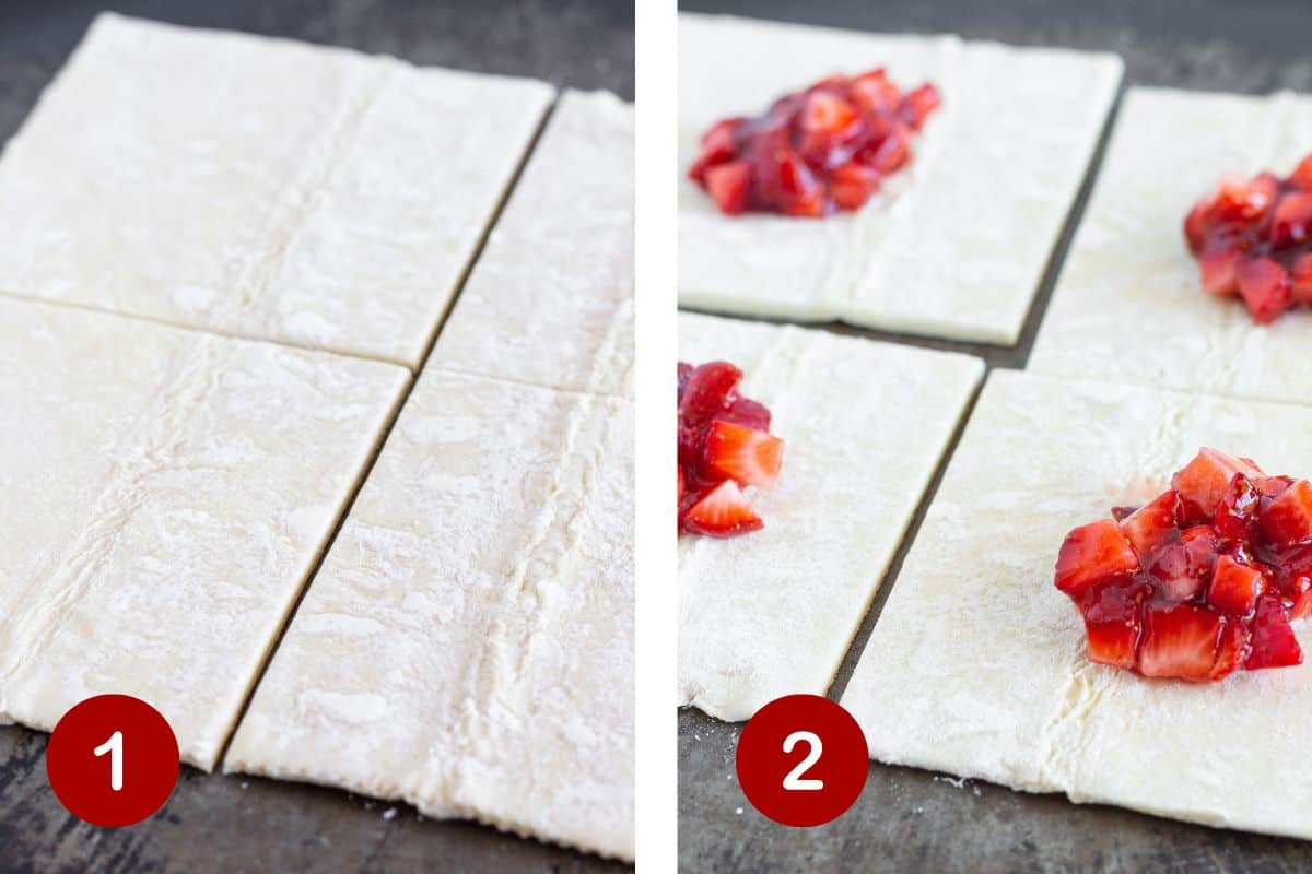 Steps 1 and 2 of making strawberry turnovers. 1, make filling and cut puff pastry. 2, top puff pastry with filling.