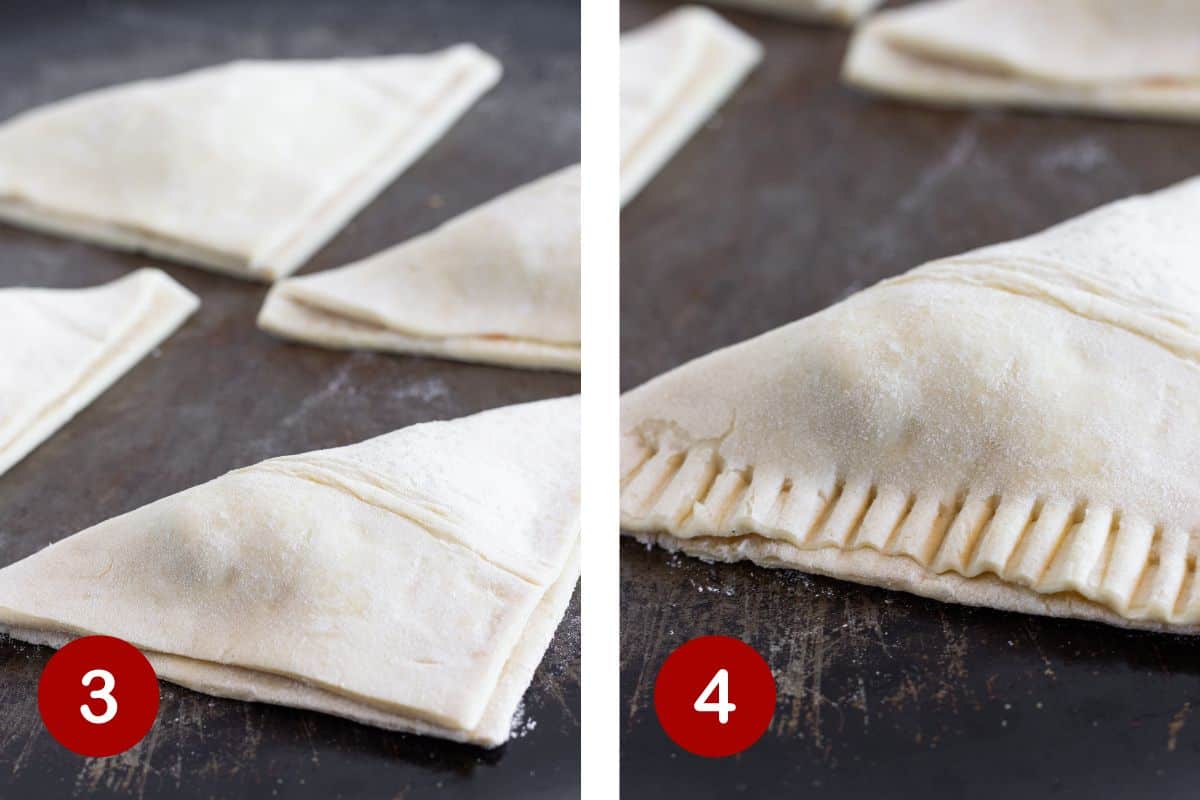Steps 3 and 4 of making turnovers. 3, fold puff pastry dough over filling. 4, crimp edges of dough.