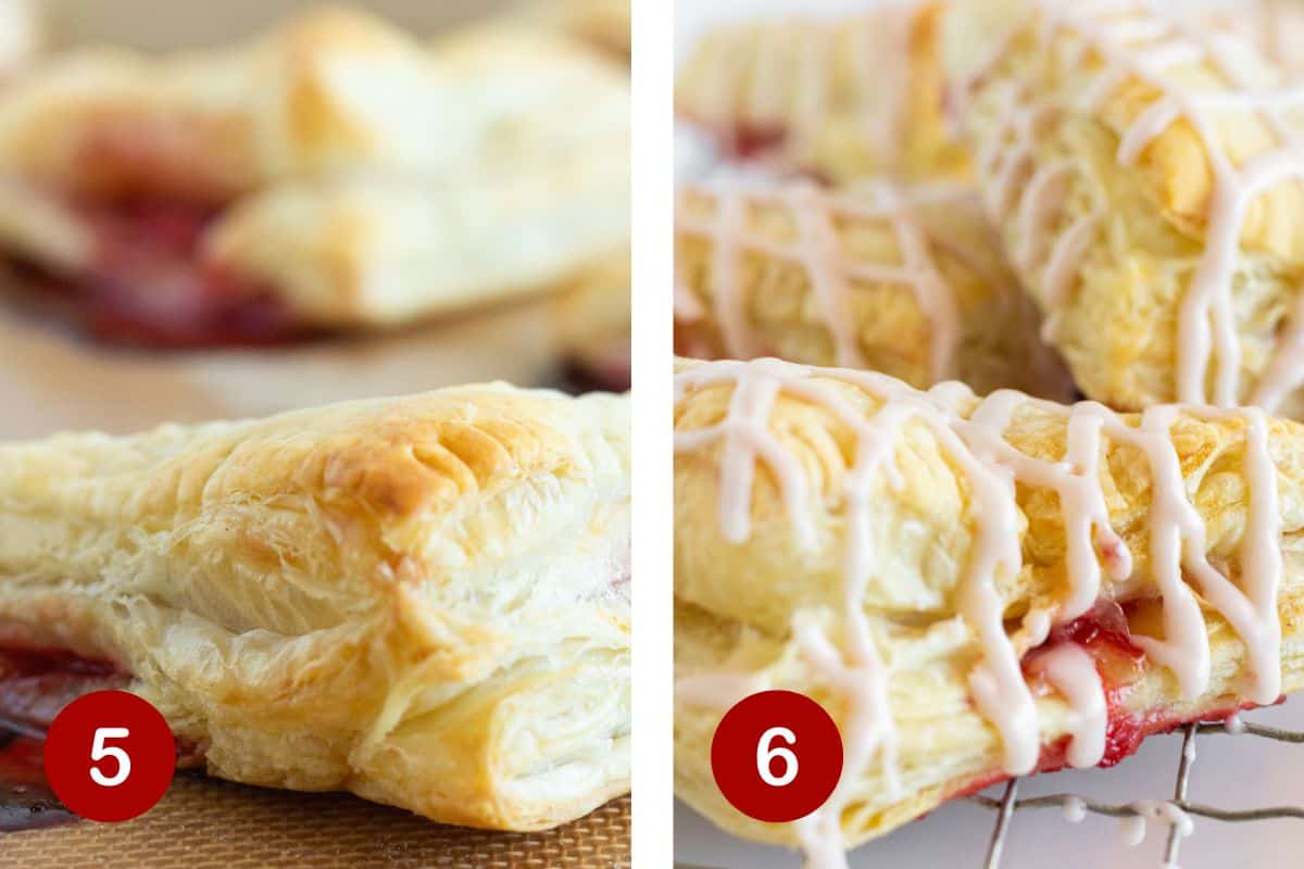 Steps 5 and 6 of making strawberry turnovers. 5, bake the turnovers. 6, glaze the turnovers once cooled.