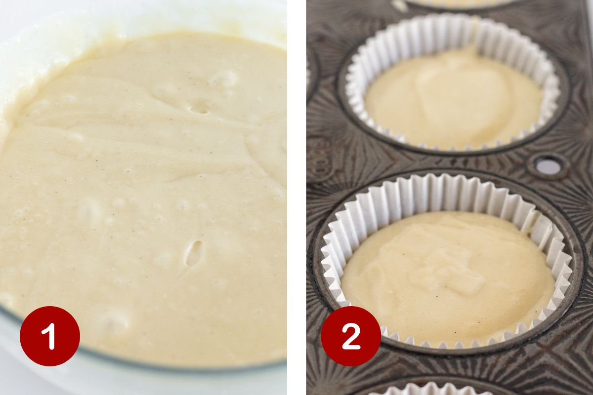 Steps 1 and 2 of making vanilla muffins. 1, make the vanilla muffin batter. 2, scoop the batter into a lined muffin pan.