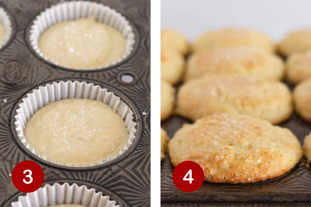 Steps 3 and 4 of making vanilla muffins. 3, add sanding sugar to the top of each muffin. 4, bake muffins for 15-18 minutes.