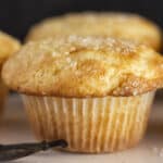 A close up of a freshly baked vanilla muffin.