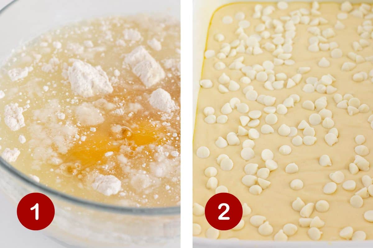 Steps 1 and 2 of making a white chocolate cake. 1, combine the cake batter ingredients. 2, pour batter into a 9x13 pan and top with white chocolate chips.