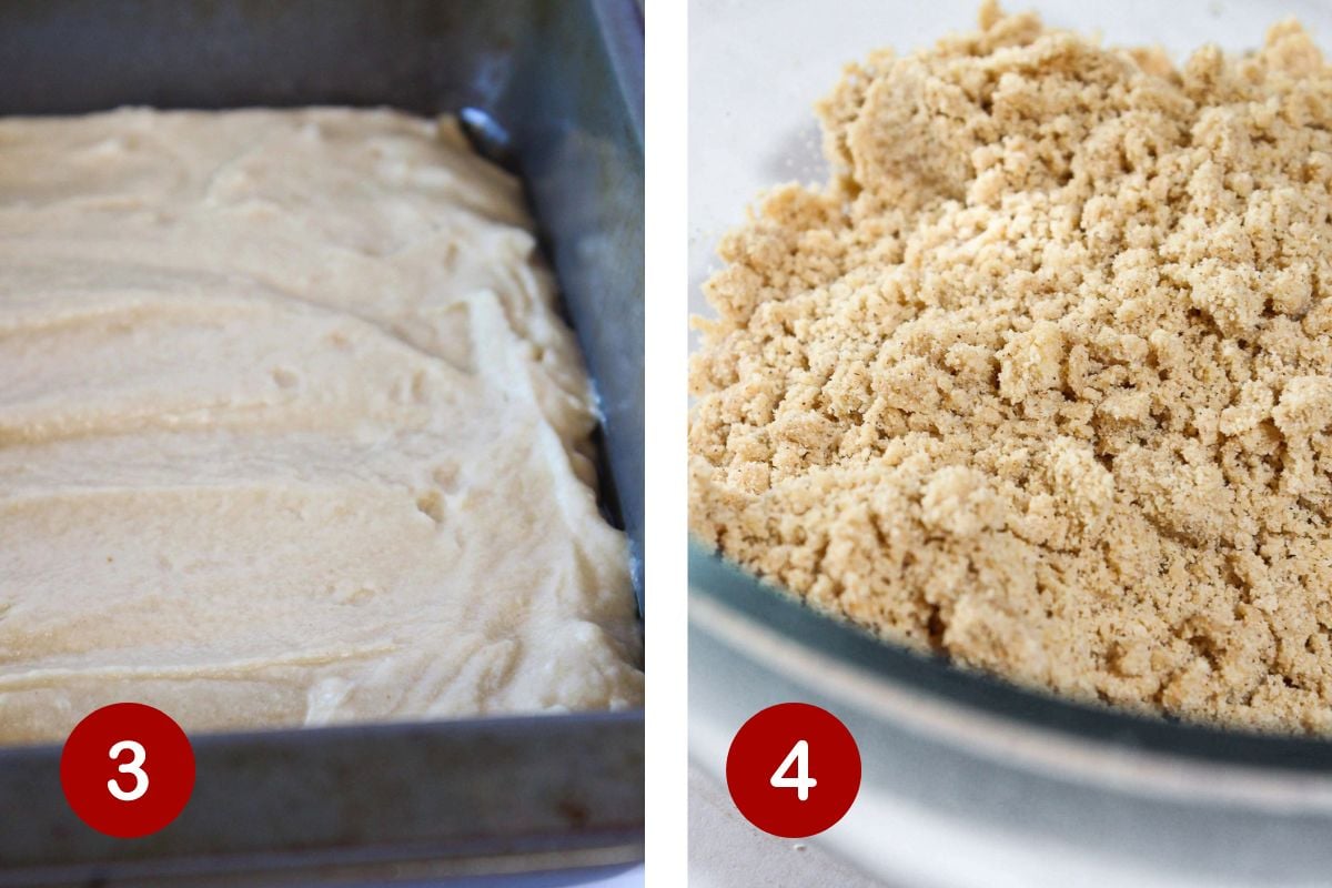 Steps 3 and 4 of making apple crumb cake. 3, add half of batter to pan. 4, make crumb topping.