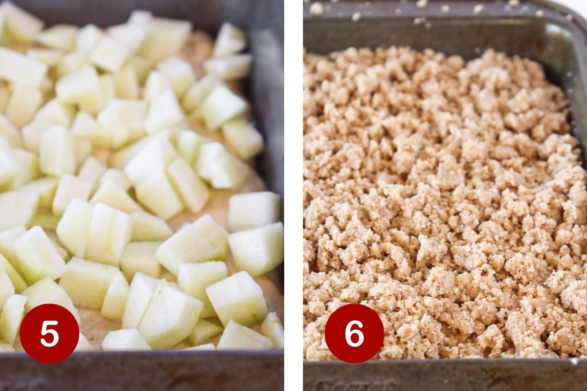 Steps 5 and 6 of making an apple cake.  5, top half of batter with chopped apples.  6, add half crumb mixture, remaining batter and other half of crumb mixture.