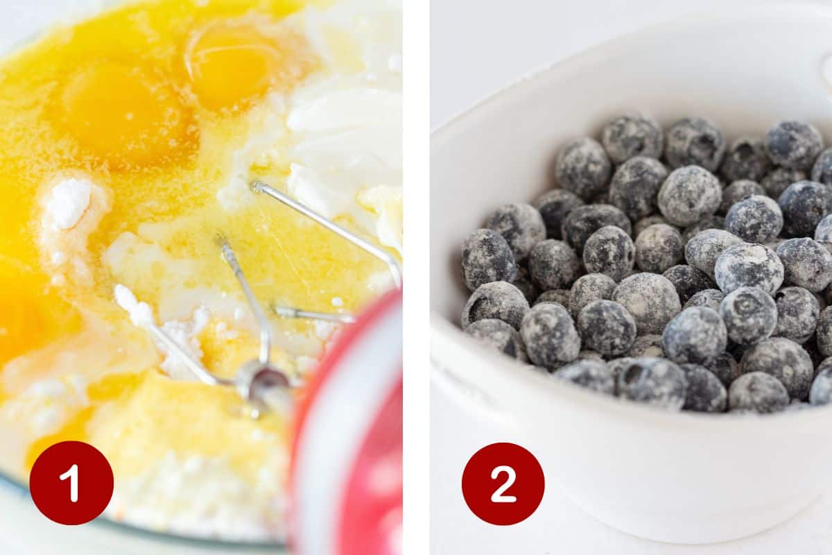 Steps 1 and 2 of making a blueberry bundt cake. 1, combine batter ingredients.  2, toss fresh berries with reserved cake mix.