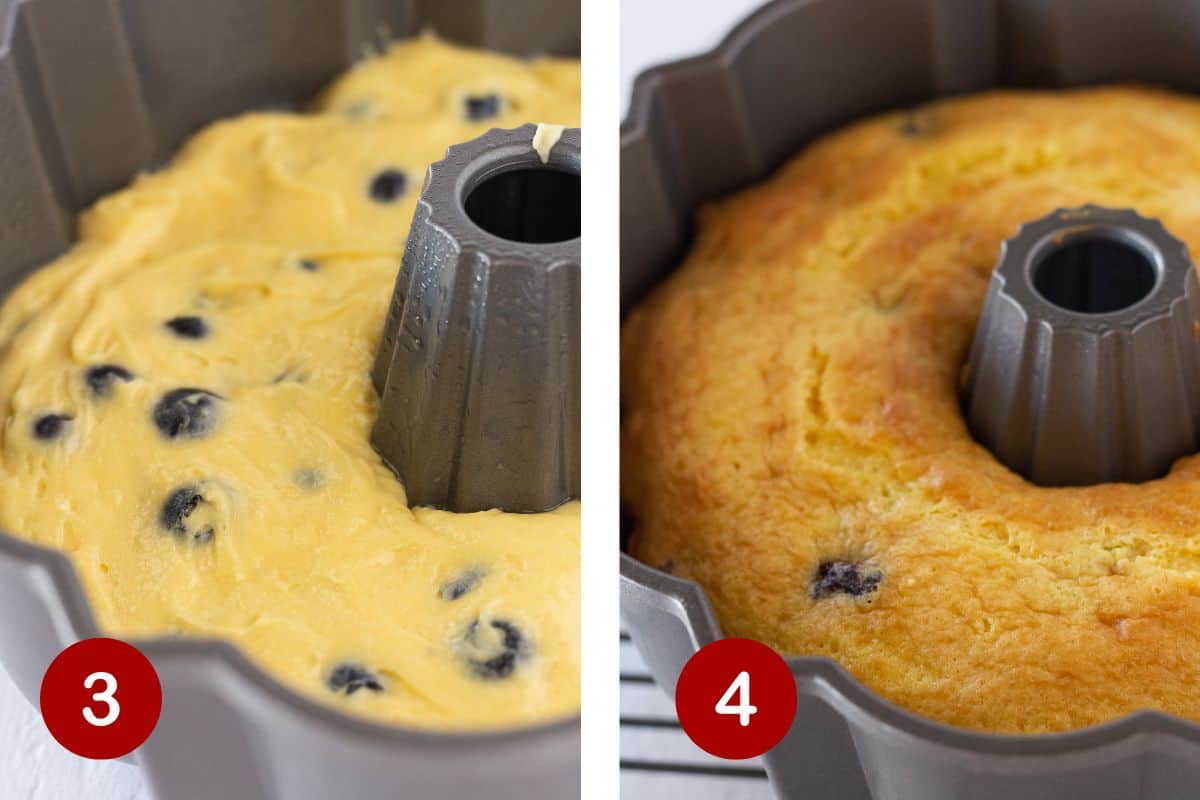 Steps 3 and 4 of making a blueberry cake.  3, add blueberries to batter and pour into pan. 4, bake the cake for 35-45 minutes.