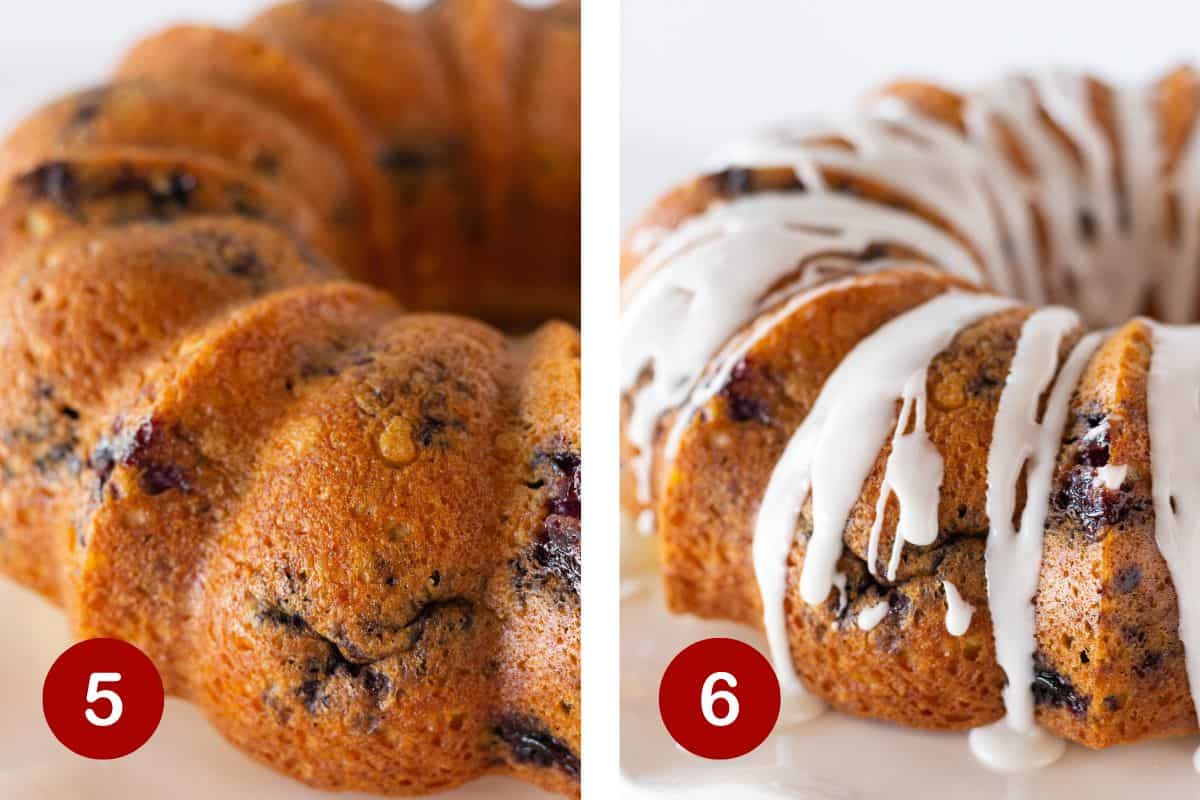 Steps 5 & 6 of making a blueberry bundt cake. 5, remove cake from pan. 6, drizzle with simple glaze once cool.