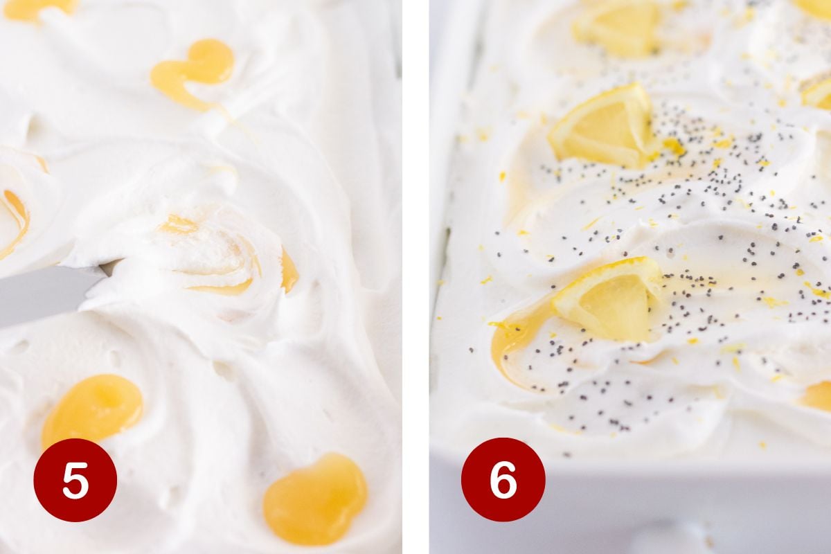 Steps 5 and 6 of making a lemon curd cake. 5, add the toppings. 6, sprinkle with poppy seeds and serve.