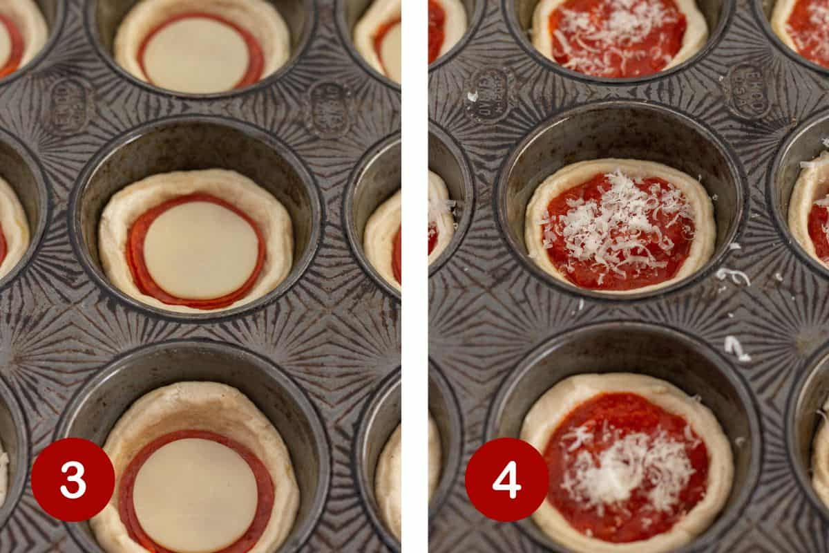Steps 3 and 4 of making mini deep dish pizzas. 3, add pepperoni and more cheese. 4, top with sauce and parmesan.