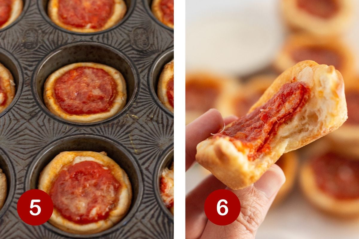 Steps 5 and 6 of making mini deep dish pizzas. 5, bake pizzas. 6, cool for a few minutes and eat.
