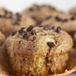 A Nutella swirled muffin with the wrapper off and ready to eat.