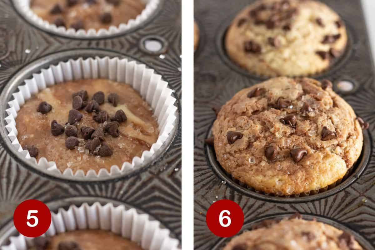 Steps 5 and 6 of making Nutella Muffins. 5, top with mini chocolate chips. 6, bake to perfection.